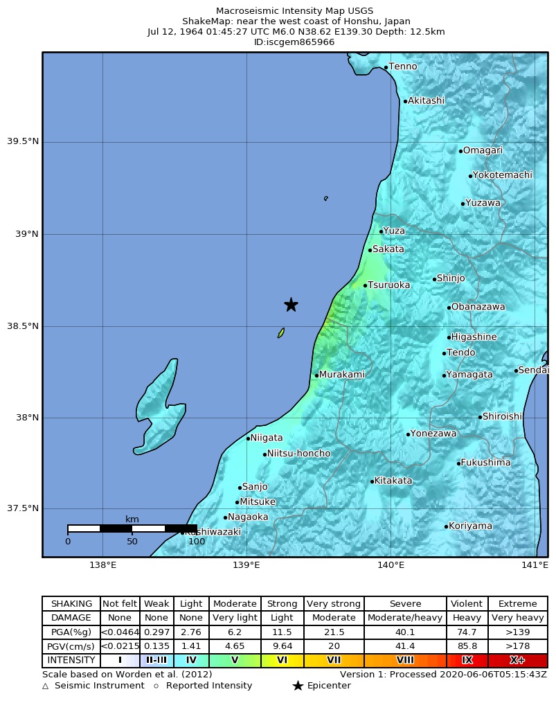 USGS ShakeMap: estimated shaking intensity around the epicenter
