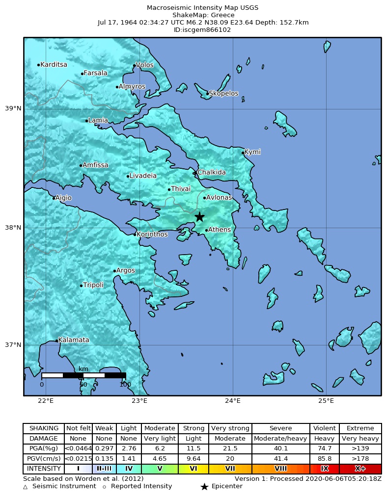 USGS ShakeMap: estimated shaking intensity around the epicenter