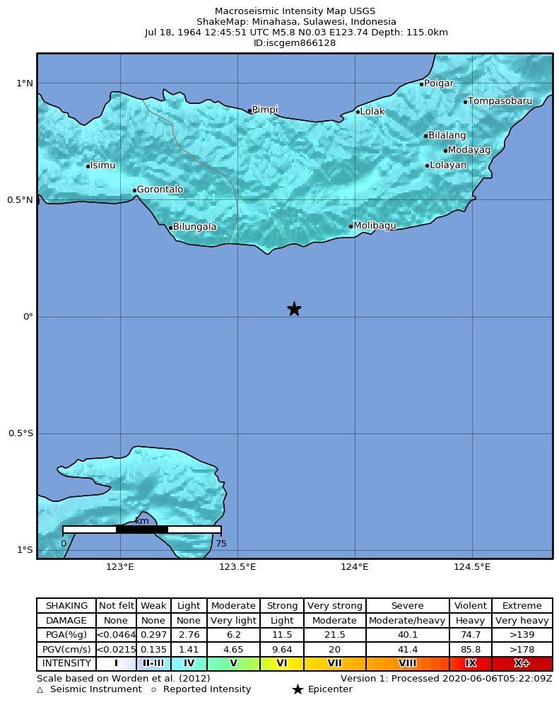 USGS ShakeMap: estimated shaking intensity around the epicenter