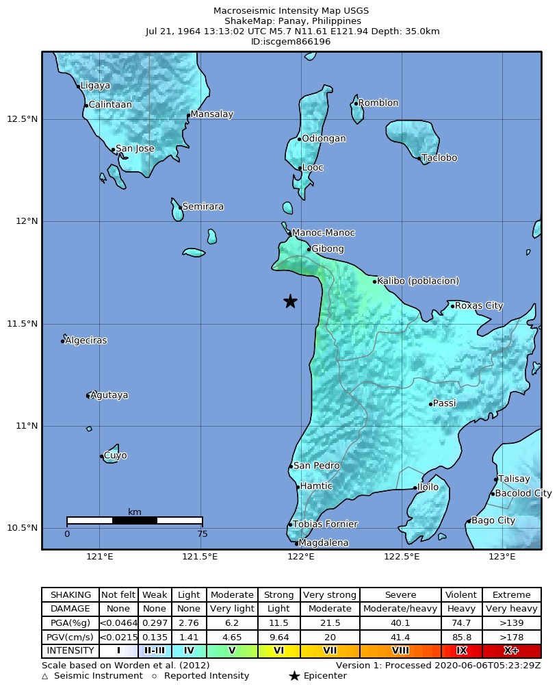 USGS ShakeMap: estimated shaking intensity around the epicenter