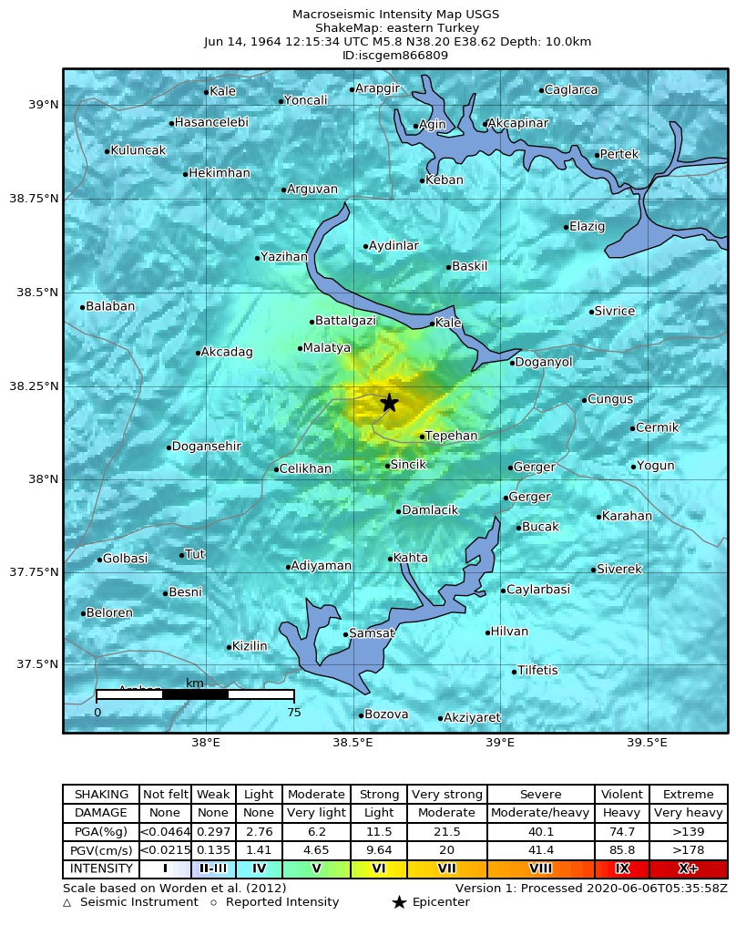 USGS ShakeMap: estimated shaking intensity around the epicenter
