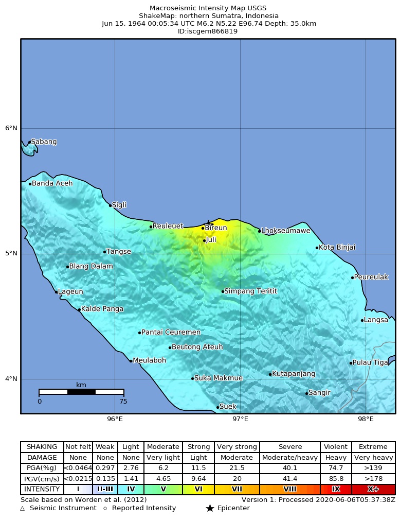 USGS ShakeMap: estimated shaking intensity around the epicenter