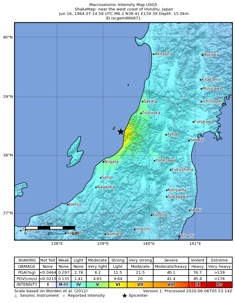 USGS ShakeMap: estimated shaking intensity around the epicenter