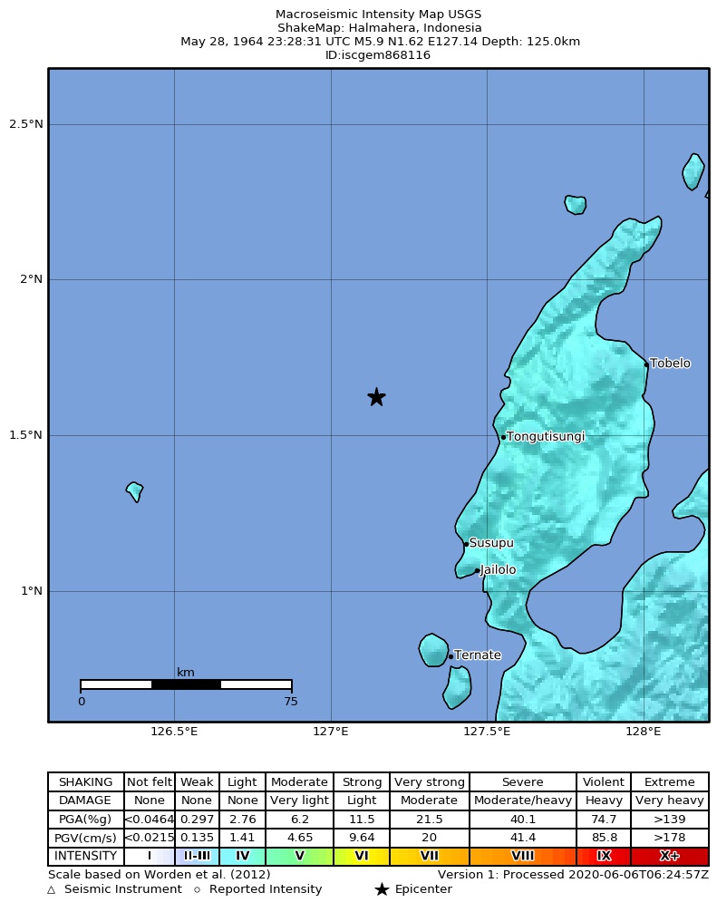 USGS ShakeMap: estimated shaking intensity around the epicenter