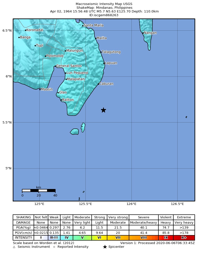 USGS ShakeMap: estimated shaking intensity around the epicenter