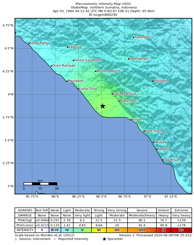 USGS ShakeMap: estimated shaking intensity around the epicenter