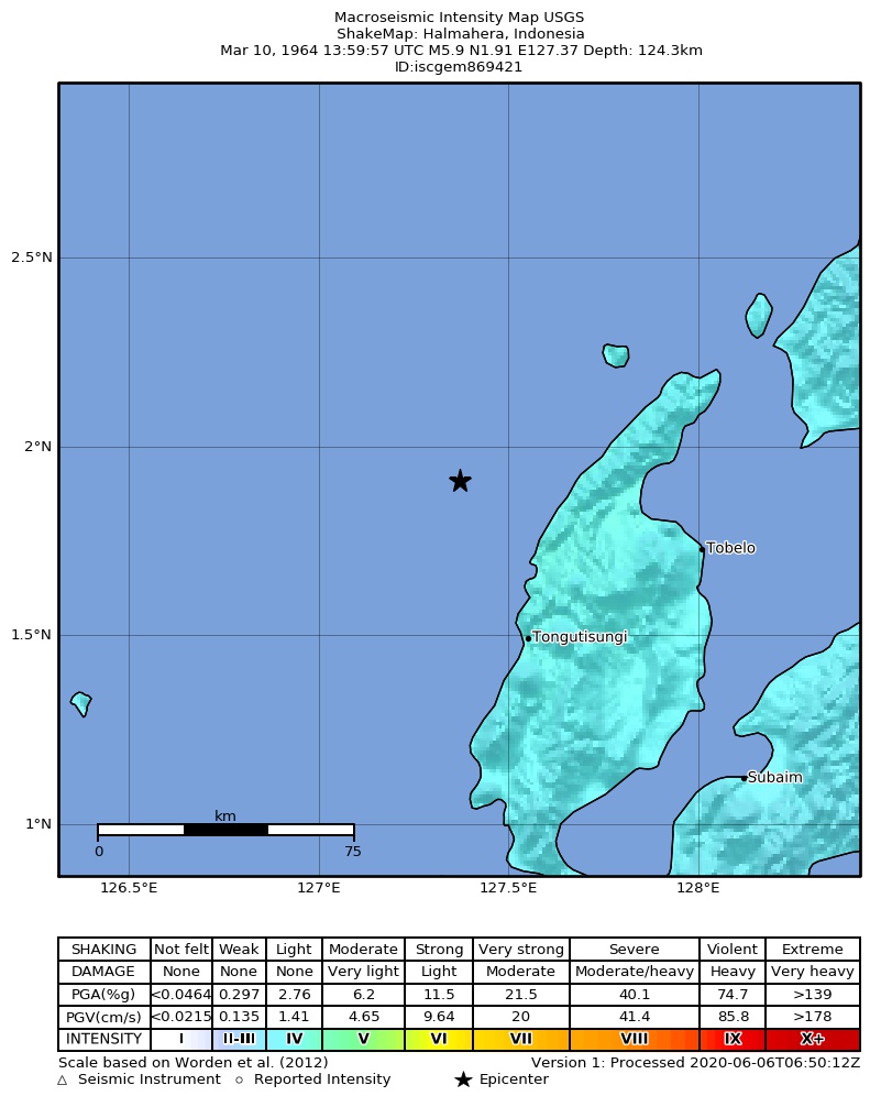 USGS ShakeMap: estimated shaking intensity around the epicenter