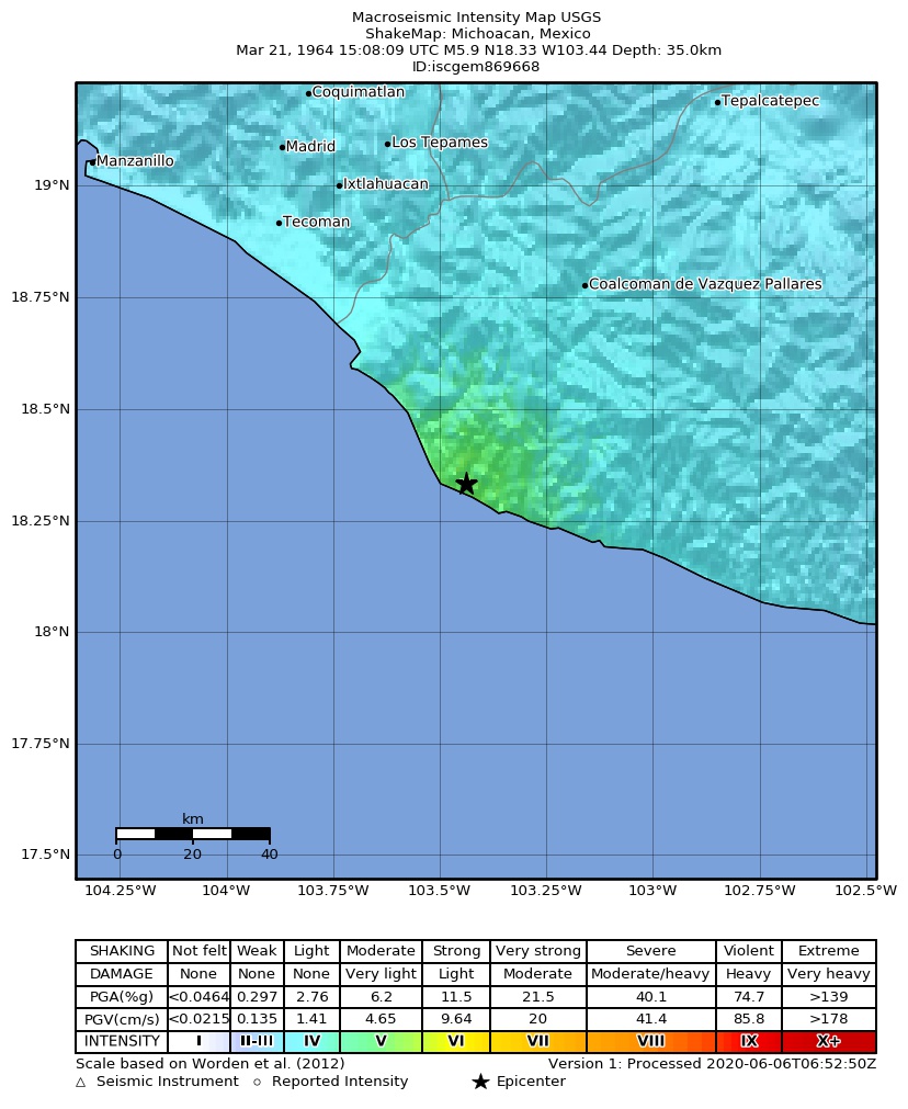 USGS ShakeMap: estimated shaking intensity around the epicenter