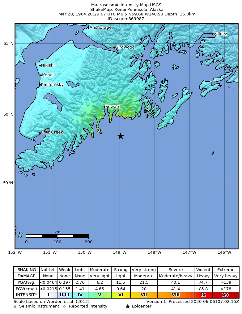 USGS ShakeMap: estimated shaking intensity around the epicenter