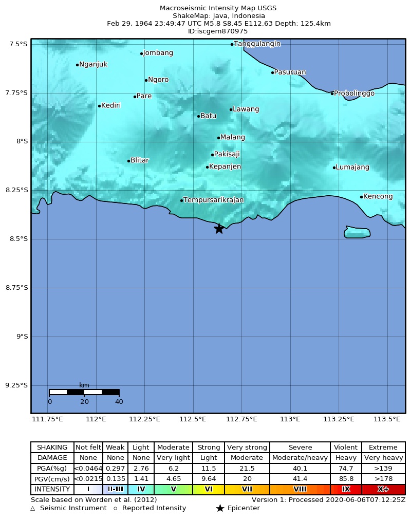 USGS ShakeMap: estimated shaking intensity around the epicenter