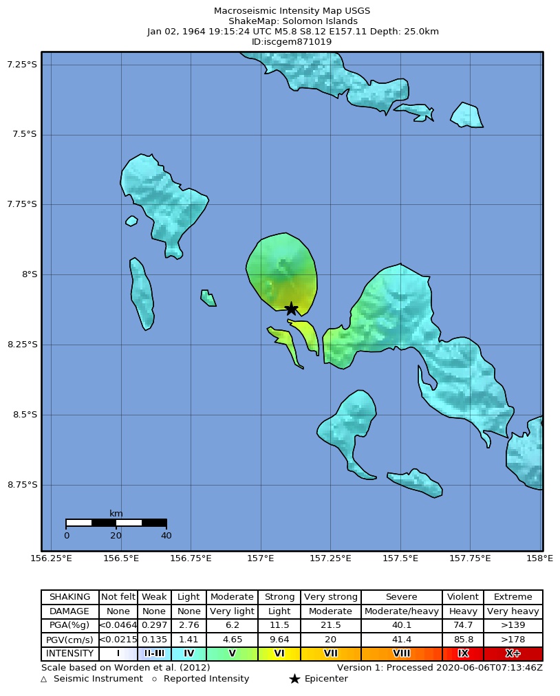 USGS ShakeMap: estimated shaking intensity around the epicenter