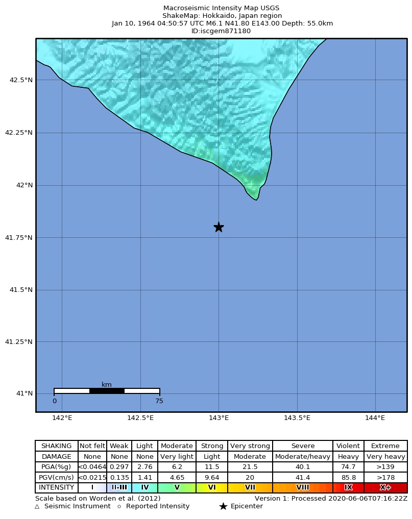 USGS ShakeMap: estimated shaking intensity around the epicenter