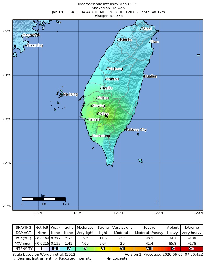 USGS ShakeMap: estimated shaking intensity around the epicenter