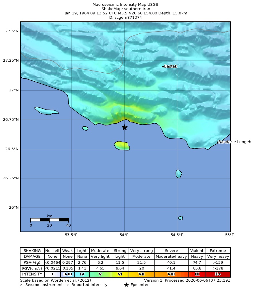 USGS ShakeMap: estimated shaking intensity around the epicenter