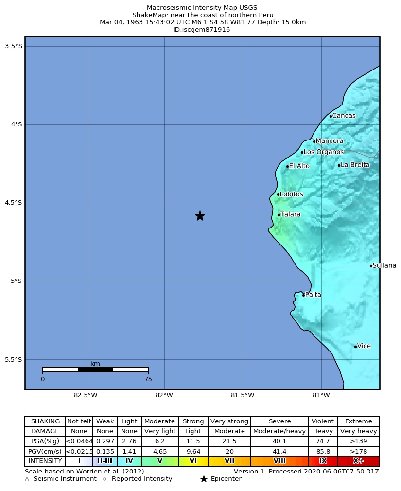 USGS ShakeMap: estimated shaking intensity around the epicenter