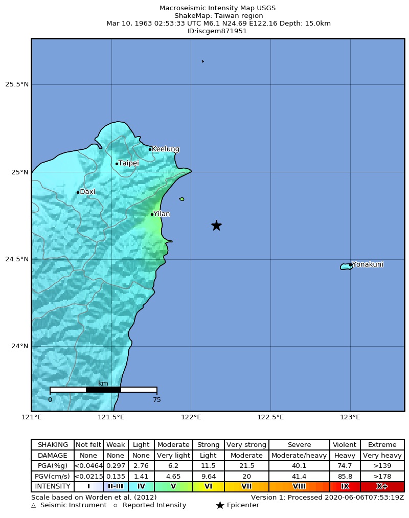 USGS ShakeMap: estimated shaking intensity around the epicenter
