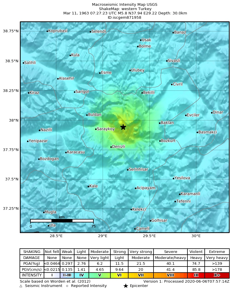 USGS ShakeMap: estimated shaking intensity around the epicenter