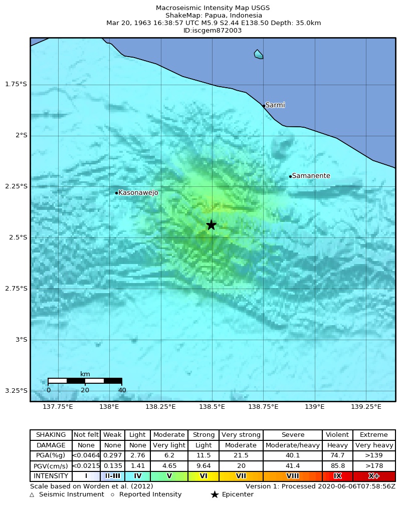 USGS ShakeMap: estimated shaking intensity around the epicenter