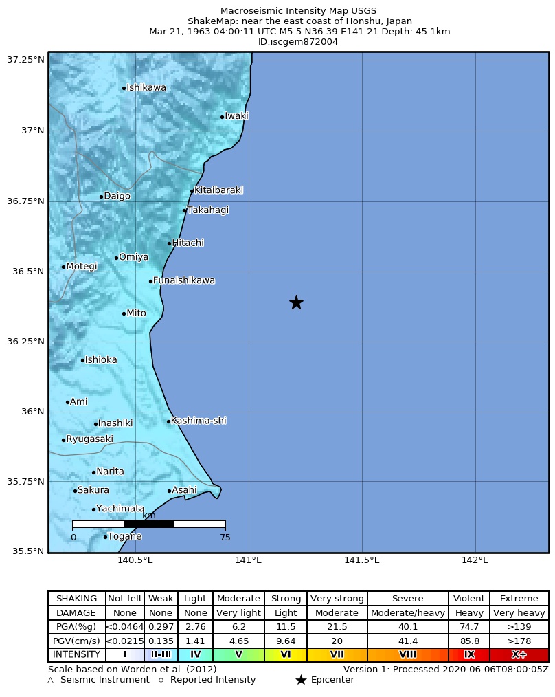USGS ShakeMap: estimated shaking intensity around the epicenter