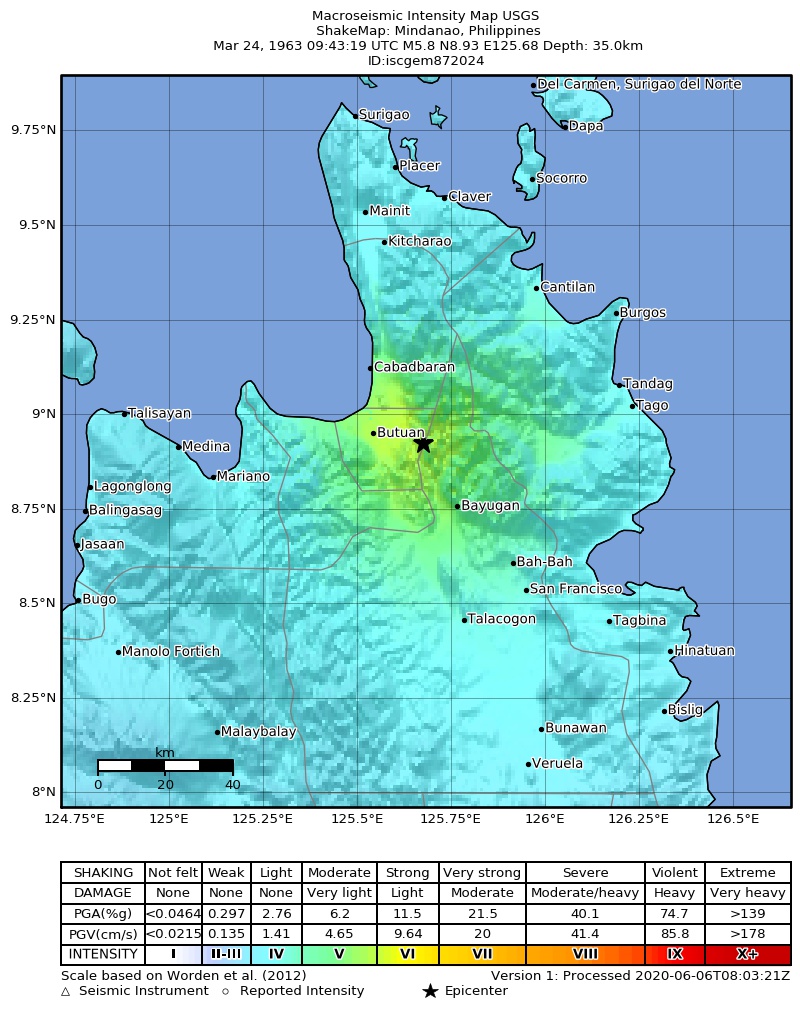 USGS ShakeMap: estimated shaking intensity around the epicenter