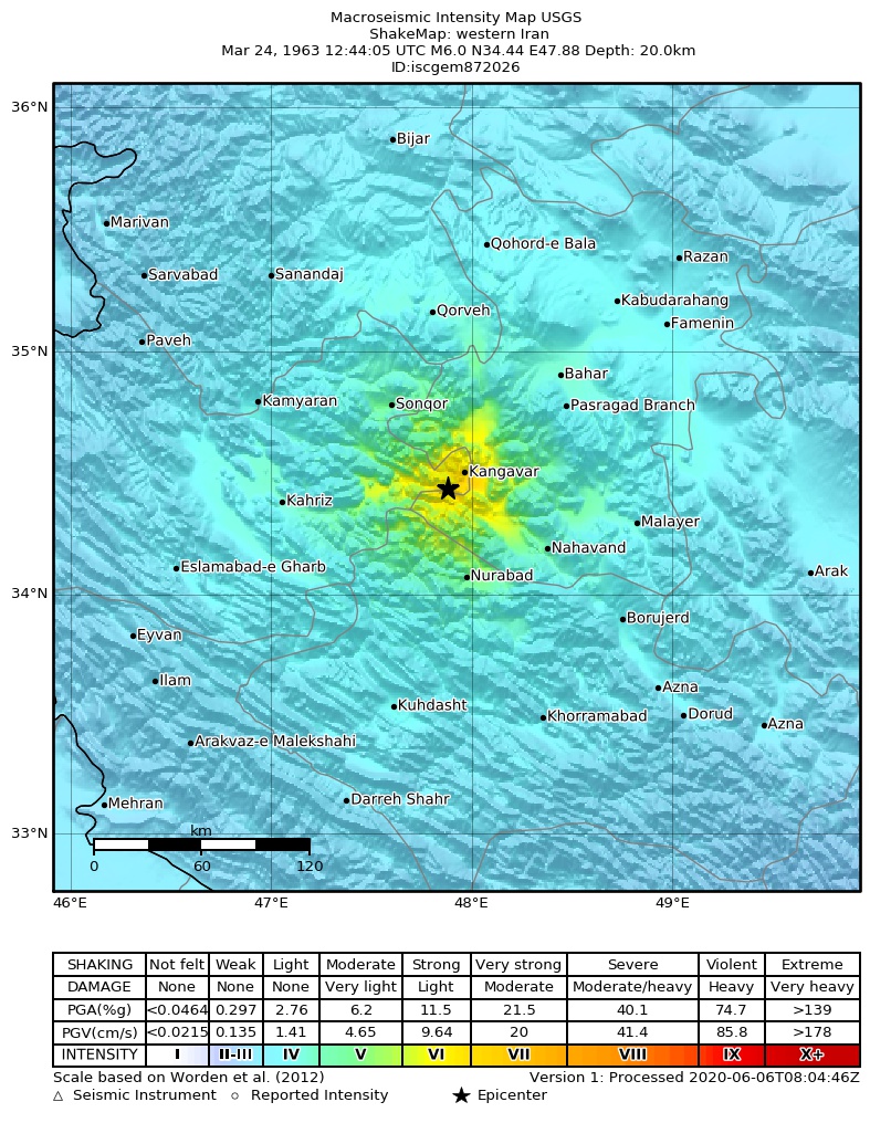 USGS ShakeMap: estimated shaking intensity around the epicenter
