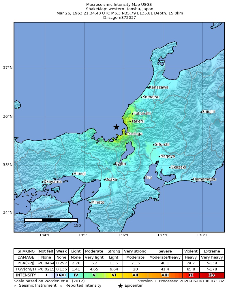 USGS ShakeMap: estimated shaking intensity around the epicenter