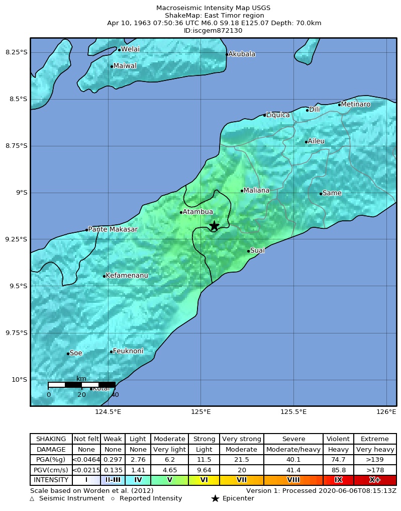 USGS ShakeMap: estimated shaking intensity around the epicenter