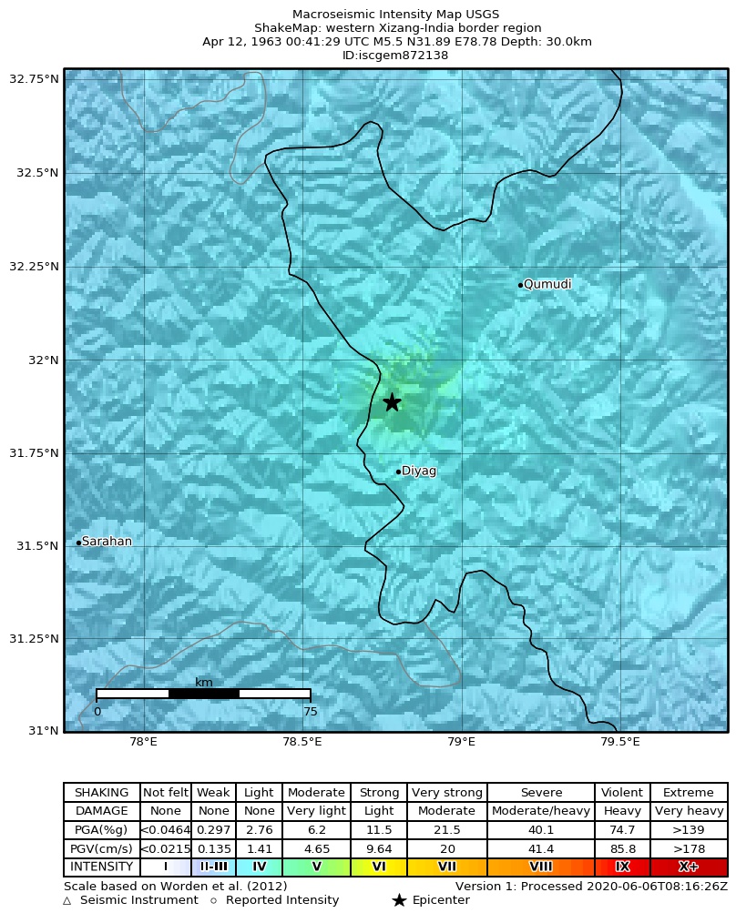USGS ShakeMap: estimated shaking intensity around the epicenter