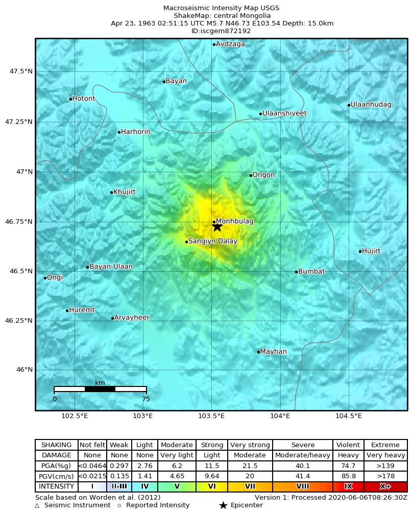 USGS ShakeMap: estimated shaking intensity around the epicenter
