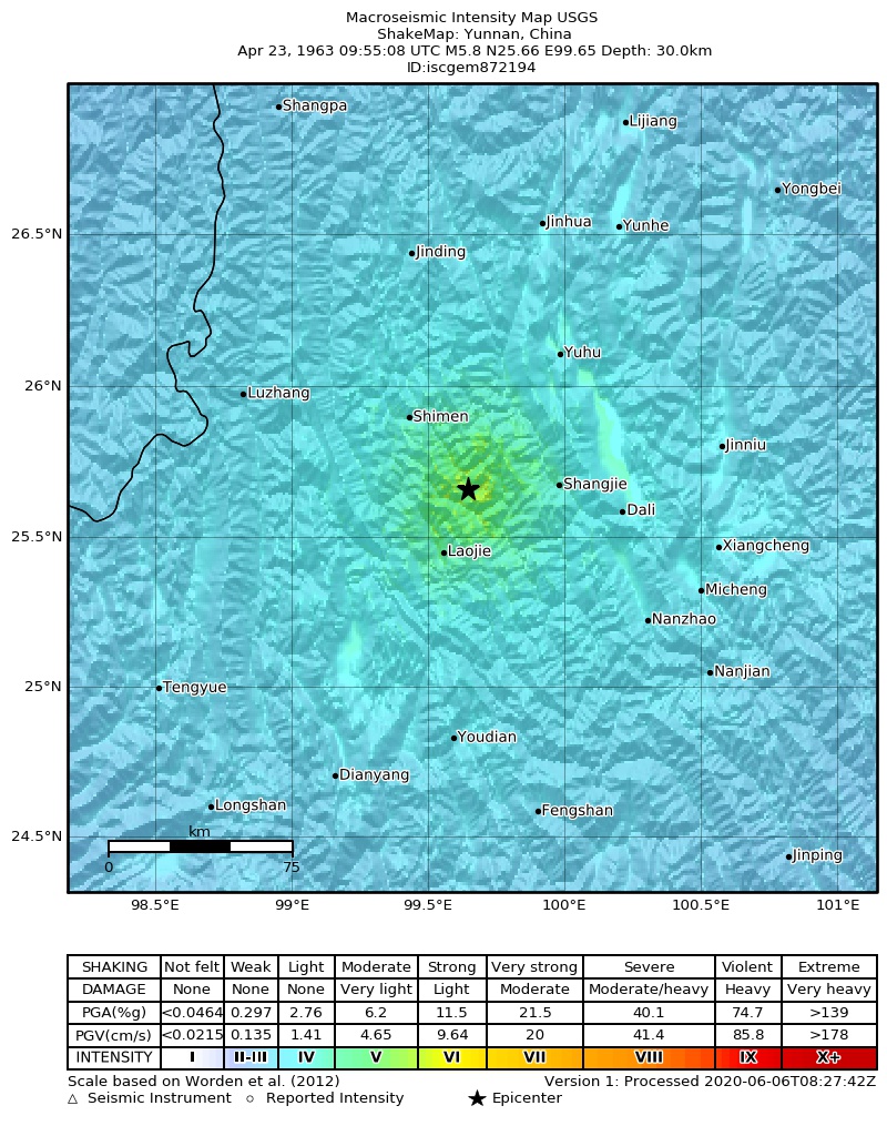 USGS ShakeMap: estimated shaking intensity around the epicenter