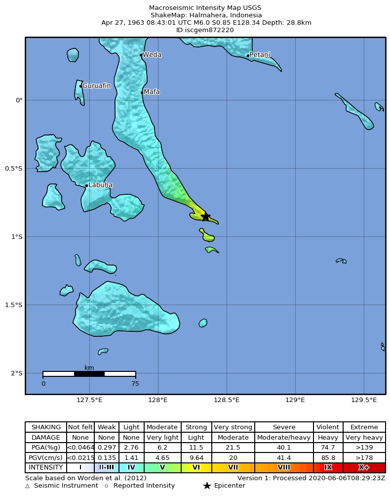 USGS ShakeMap: estimated shaking intensity around the epicenter