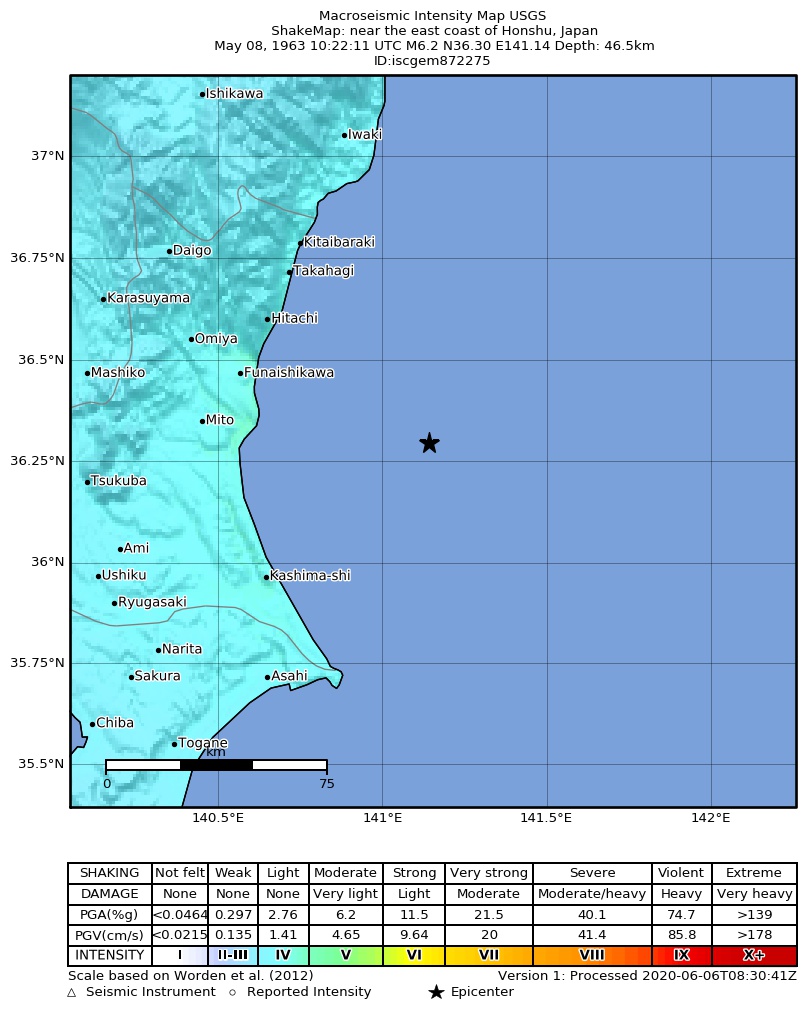 USGS ShakeMap: estimated shaking intensity around the epicenter