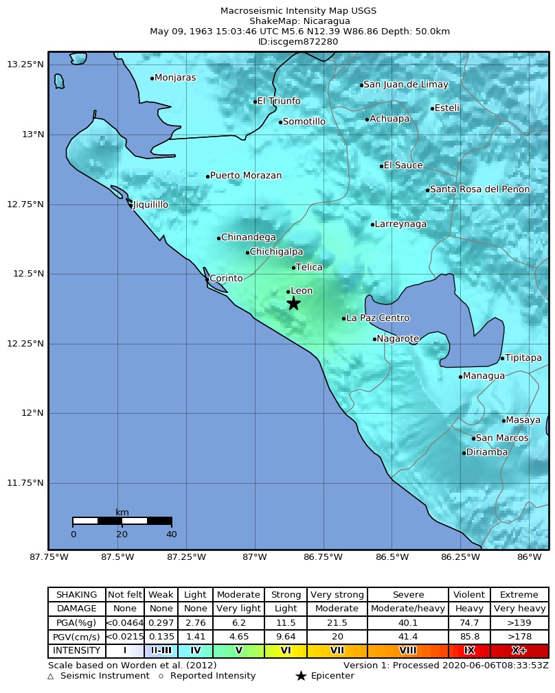USGS ShakeMap: estimated shaking intensity around the epicenter