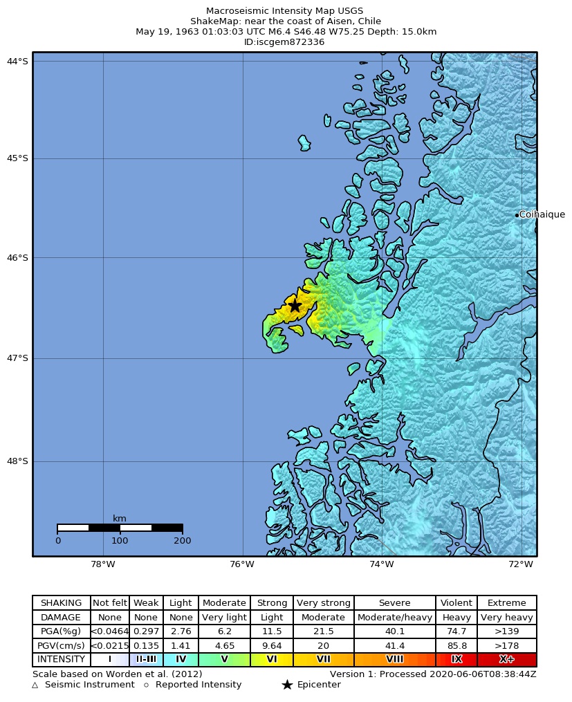 USGS ShakeMap: estimated shaking intensity around the epicenter