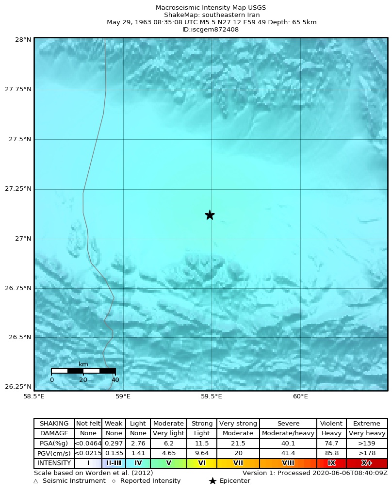 USGS ShakeMap: estimated shaking intensity around the epicenter