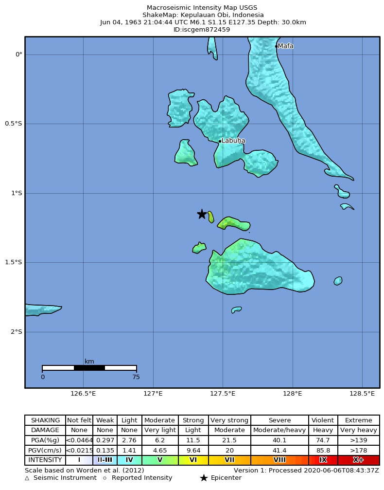 USGS ShakeMap: estimated shaking intensity around the epicenter
