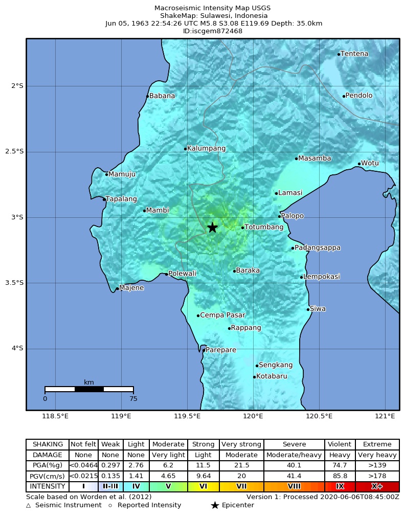USGS ShakeMap: estimated shaking intensity around the epicenter