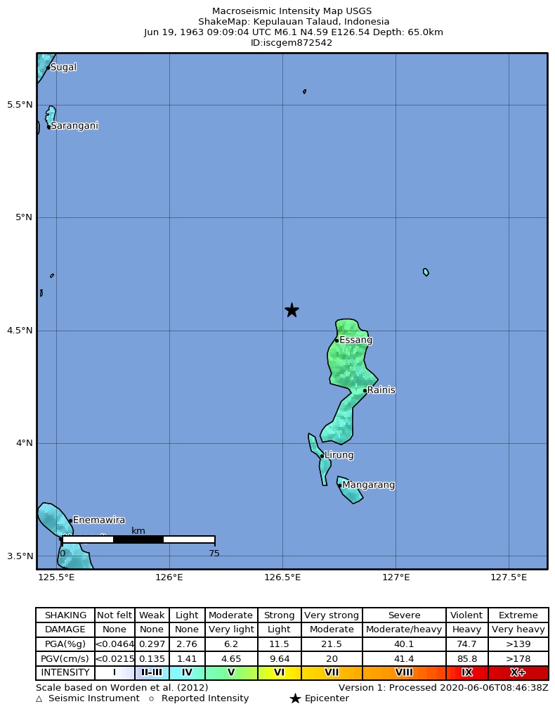 USGS ShakeMap: estimated shaking intensity around the epicenter