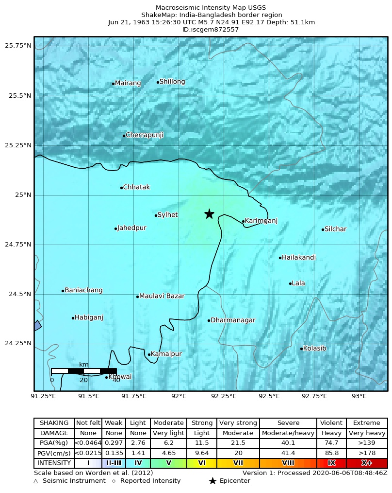 USGS ShakeMap: estimated shaking intensity around the epicenter