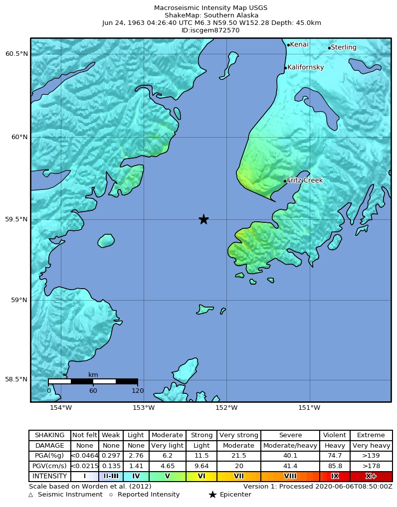 USGS ShakeMap: estimated shaking intensity around the epicenter