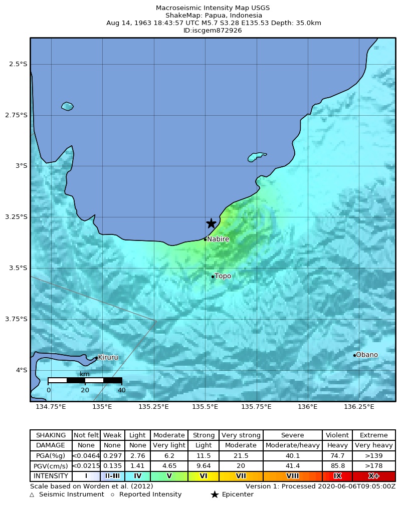 USGS ShakeMap: estimated shaking intensity around the epicenter