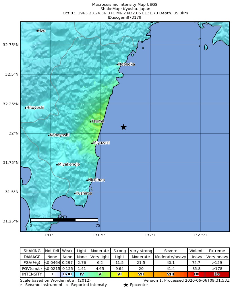USGS ShakeMap: estimated shaking intensity around the epicenter