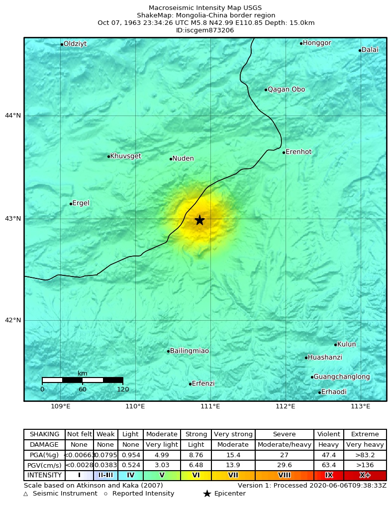 USGS ShakeMap: estimated shaking intensity around the epicenter