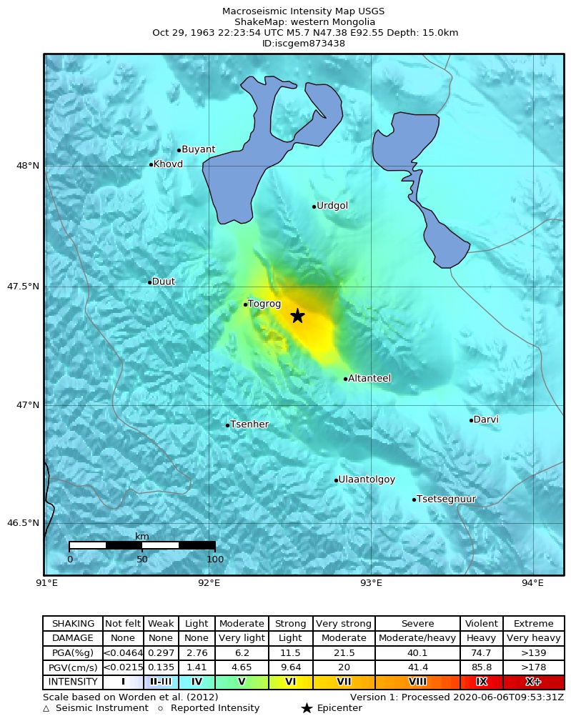 USGS ShakeMap: estimated shaking intensity around the epicenter