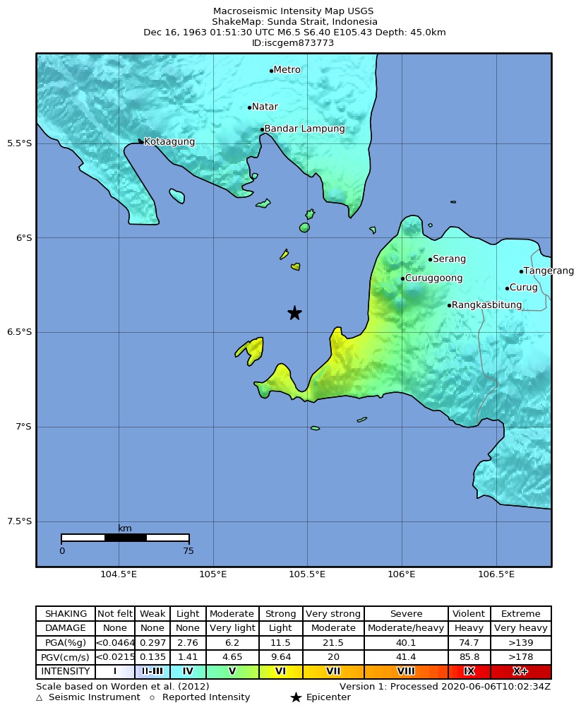 USGS ShakeMap: estimated shaking intensity around the epicenter