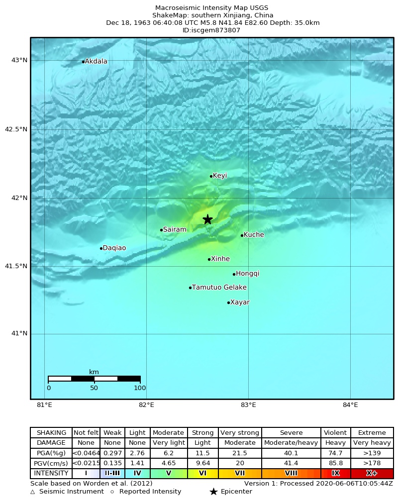 USGS ShakeMap: estimated shaking intensity around the epicenter