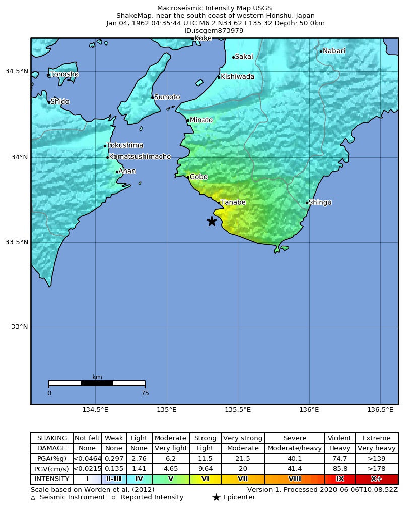 USGS ShakeMap: estimated shaking intensity around the epicenter