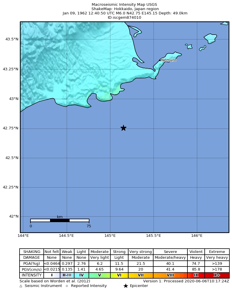 USGS ShakeMap: estimated shaking intensity around the epicenter