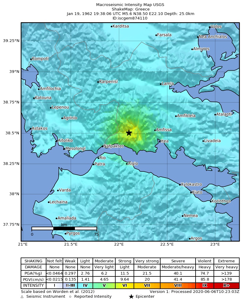 USGS ShakeMap: estimated shaking intensity around the epicenter