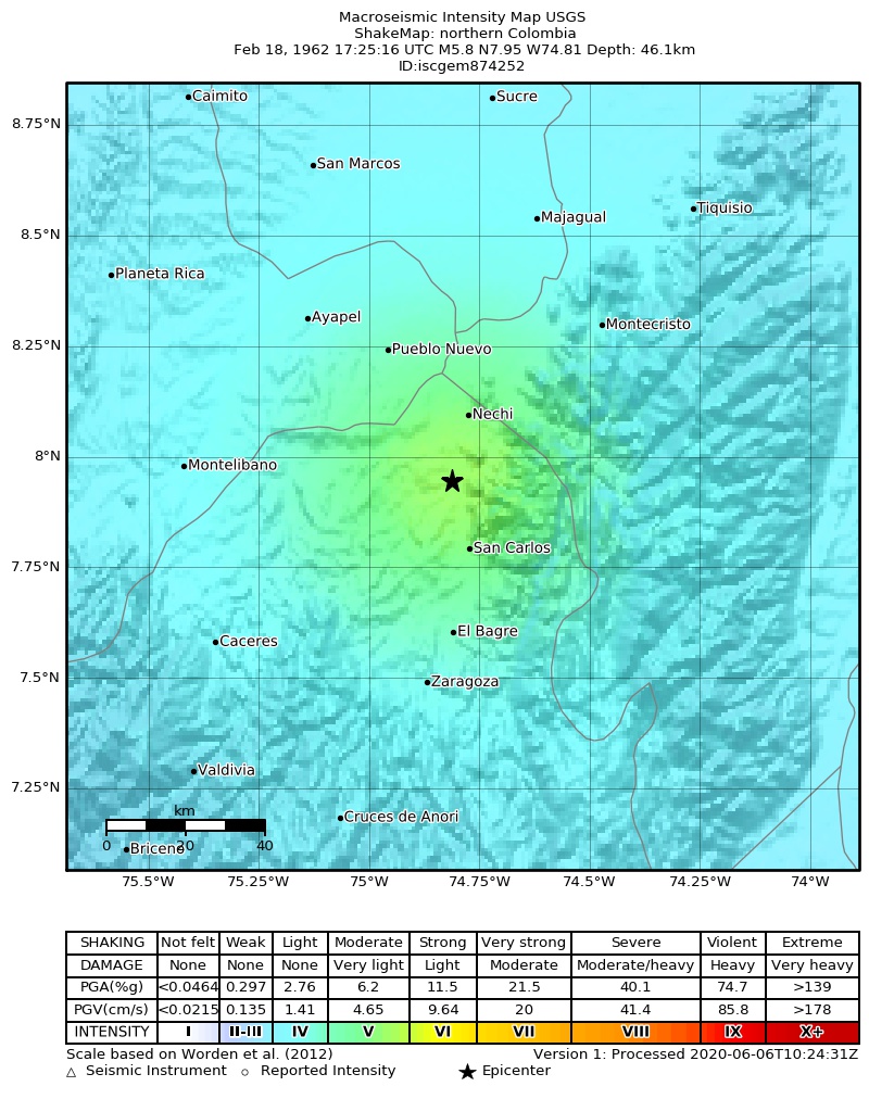 USGS ShakeMap: estimated shaking intensity around the epicenter